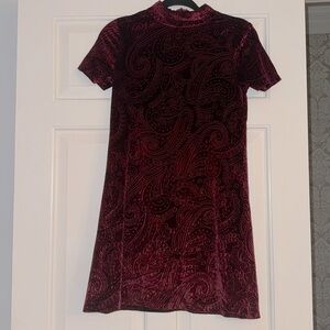 Velvet Patterned Mini Dress in Maroon XS